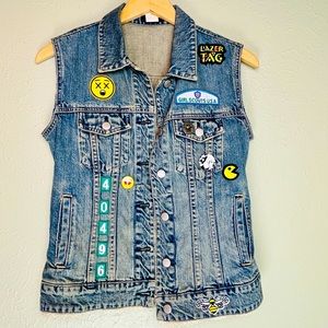 Vintage‎ Denim Jean Vest XS Upcycled Patches 80s 90s Y2k Youth Girl Scout Grunge